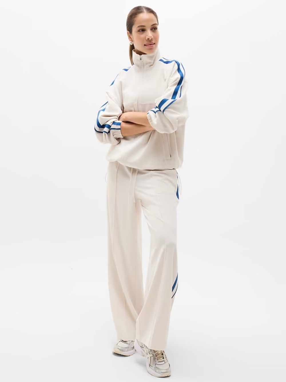 Athleta MVP Track Pants and Jacket in White with Blue Stripe SET